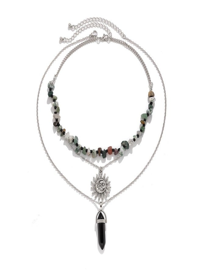 eartif Hippie Necklac Boho Necklace Healing Nature Crystal Necklace Layering Necklaces Moon Sun Star Pendant Choker Necklace Gothic Jewelry For Women (Black) - Image 1